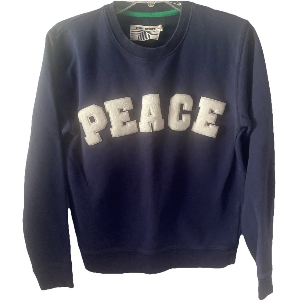 Tory Sport By Tory Burch peace Letterman Sweatshirt Small Navy
